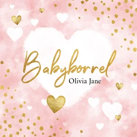 Uitnodiging babyborrel met roze waterverf, hartjes & stipjes