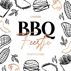 Uitnodiging barbecue feestje doodles zwart wit koper