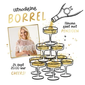 Uitnodiging borrel pensioen feestje champagne cocktails goud
