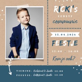 Uitnodiging communie feest jongen stoer kraft 