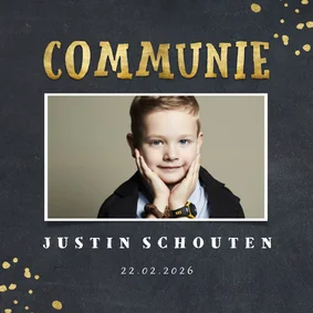 Uitnodiging communie krijtbord foto en gouden spetters