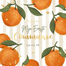 Uitnodiging communie mandarijnen citrus hip goud hartjes