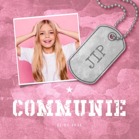 Uitnodiging communie roze stoer met foto en legerplaatje