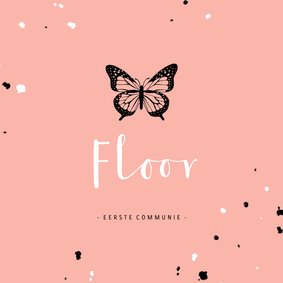 Uitnodiging communie zwarte vlinder met spetters