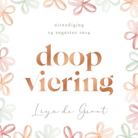 Uitnodiging doopviering met gekleurde bloemetjes waterverf
