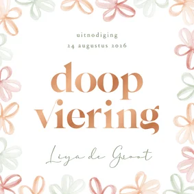 Uitnodiging doopviering met gekleurde bloemetjes waterverf