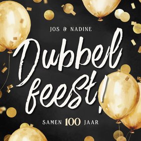 Uitnodiging dubbel feest gouden ballonnen confetti antraciet