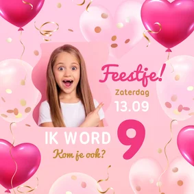 Uitnodiging eigen foto met confetti en hartjes 3d ballonnen