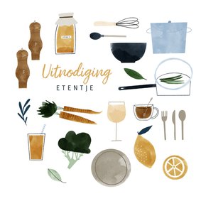 Uitnodiging etentje feestje met eten en drinken illustraties