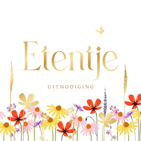 Uitnodiging etentje veldbloemen goud vlinder