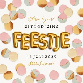 Uitnodiging feestje confetti goud pastel roze groen