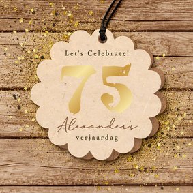 Uitnodiging feestje etentje label hout goud confetti