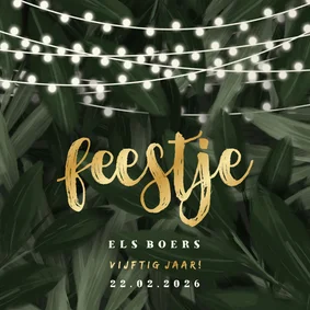 Uitnodiging feestje jungle bladeren met lampjes