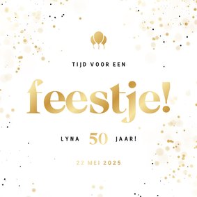 Uitnodiging feestje wit met confetti en goudfolie ballonnen