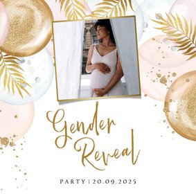 Uitnodiging gender reveal party met ballonnen en goud