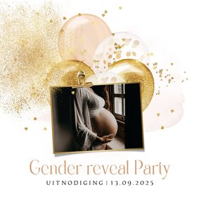 Uitnodiging gender reveal stijlvol ballonnen confetti goud