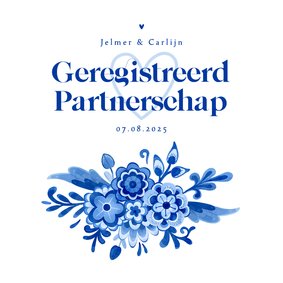 Uitnodiging geregistreerd partnerschap bloemen Delfts blauw