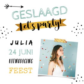 Uitnodiging geslaagd hip confetti goud foto 