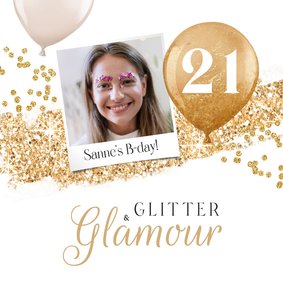 Uitnodiging glitter glamour goud foto ballonnen thema