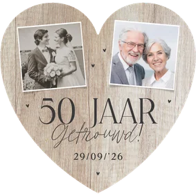 Uitnodiging hartvorm 50 jaar getrouwd fotocollage hout