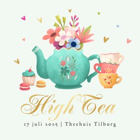 Uitnodiging High Tea bloemen theepot gebakjes hartjes