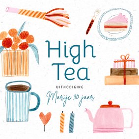 Uitnodiging high tea vrolijke roze illustraties