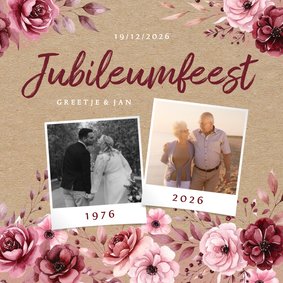 Uitnodiging jubileumfeest met vintage bloemen kraftpapier