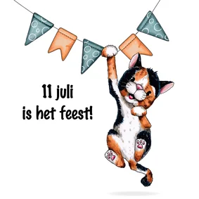 Uitnodiging kat hangt in de slingers