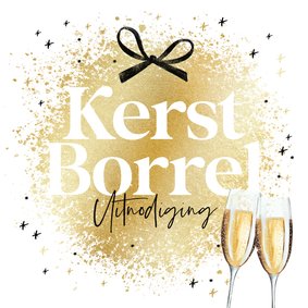 Uitnodiging kerstborrel goudlook sterren kerstbal champagne