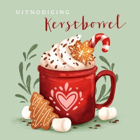 Uitnodiging kerstborrel met illustratie en kerstkoekjes