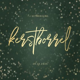 Uitnodiging kerstborrel met sterren en gouden tekst