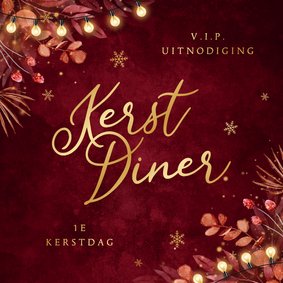 Uitnodiging kerstdiner lampjes takjes sneeuwvlokken rood