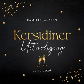 Uitnodiging kerstdiner zwart goudlook confetti