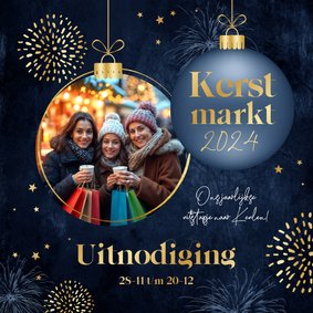 Uitnodiging kerstmarkt kerstbal sterren goud foto