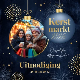 Uitnodiging kerstmarkt kerstbal sterren goud foto