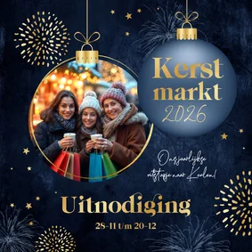 Uitnodiging kerstmarkt kerstbal sterren goud foto