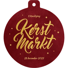 Uitnodiging kerstmarkt vorm kerstbal rood sterren 