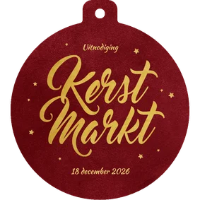 Uitnodiging kerstmarkt vorm kerstbal rood sterren