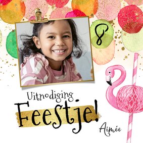 Uitnodiging kinderfeest ballonnen waterverf flamingo goud