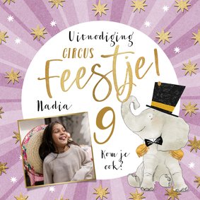 Uitnodiging kinderfeestje circus illustratie olifant goud