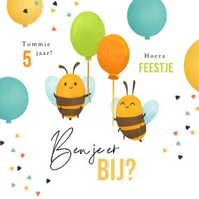 Uitnodiging kinderfeestje grappig bijtjes ballonnen confetti