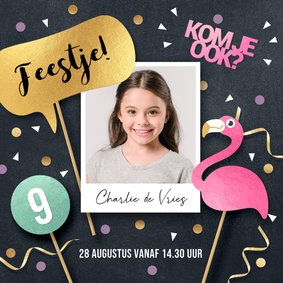 Uitnodiging kinderfeestje meisje vrolijke flamingo