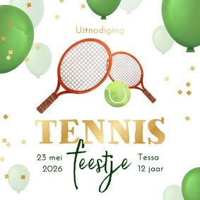 Uitnodiging kinderfeestje tennis ballonnen confetti