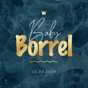 Uitnodiging kraamborrel stoer stijlvol goud kroontje blauw