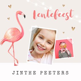 Uitnodiging lentefeest meisje flamingo gouden hartjes