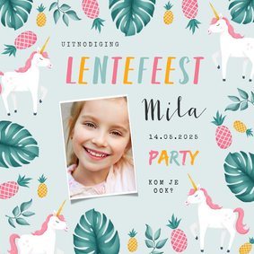 Uitnodiging lentefeest meisje hip tropical unicorn ananas