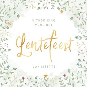 Uitnodiging lentefeest met takjes en bloemetjes goudfolie