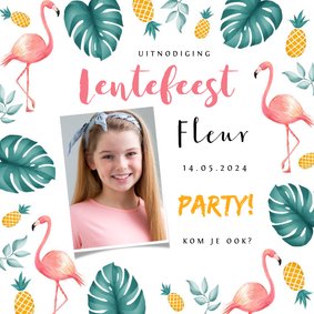 Uitnodiging lentefeest tropical hawaii flamingo ananas