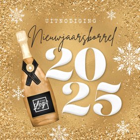 Uitnodiging nieuwjaarsborrel champagne goud 2025