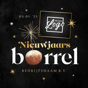 Uitnodiging nieuwjaarsborrel champagne oliebol sterren goud